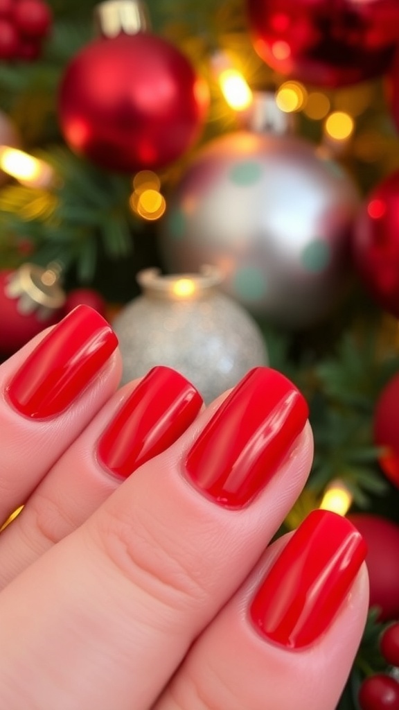 Close-up of red Christmas nails with a glossy finish, set against a festive holiday backdrop.